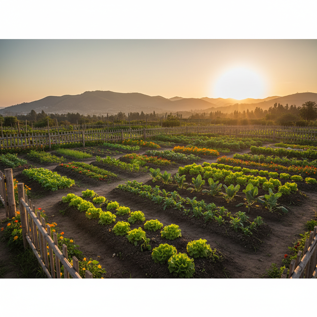 Un paisaje local de Chaclacayo al atardecer con enfoque en una pequeña huerta orgánica: bancales de tierra oscura bien cuidada, líneas de hortalizas verdes, hierbas aromáticas y flores comestibles, todo delimitado por simples cercas de madera. Al fondo se insinúan las colinas características de la zona bajo un cielo dorado suave. Luz de golden hour baña las plantas, resaltando sus tonos verdes y creando sombras largas y cálidas sobre el suelo. La composición es panorámica, con profundidad de campo amplia y enfoque nítido en toda la escena. El estilo es de realismo fotográfico, transmitiendo conexión con el origen de los productos de “D´María”, con una atmósfera serena, natural y profesional.