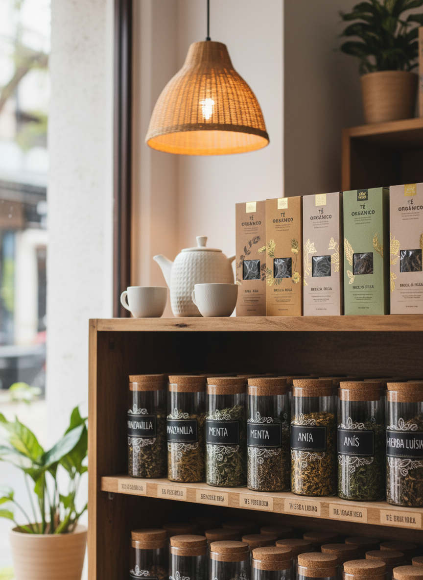 Un rincón de la tienda “D´María” dedicado a infusiones orgánicas: una repisa de madera con frascos de vidrio etiquetados con nombres de hierbas como manzanilla, menta, anís y hierba luisa, junto a cajas de té en envases reciclables con diseño elegante. Sobre la repisa, una tetera de cerámica blanca mate descansa junto a pequeñas tazas vacías, todo cuidadosamente ordenado. Luz cálida de lámpara colgante cae desde arriba, combinada con una suave luz natural lateral, generando un ambiente acogedor y relajante. La cámara encuadra en plano medio, con detalle en las etiquetas y un fondo ligeramente desenfocado. Realismo fotográfico con estética profesional, transmitiendo calma, bienestar y cuidado.