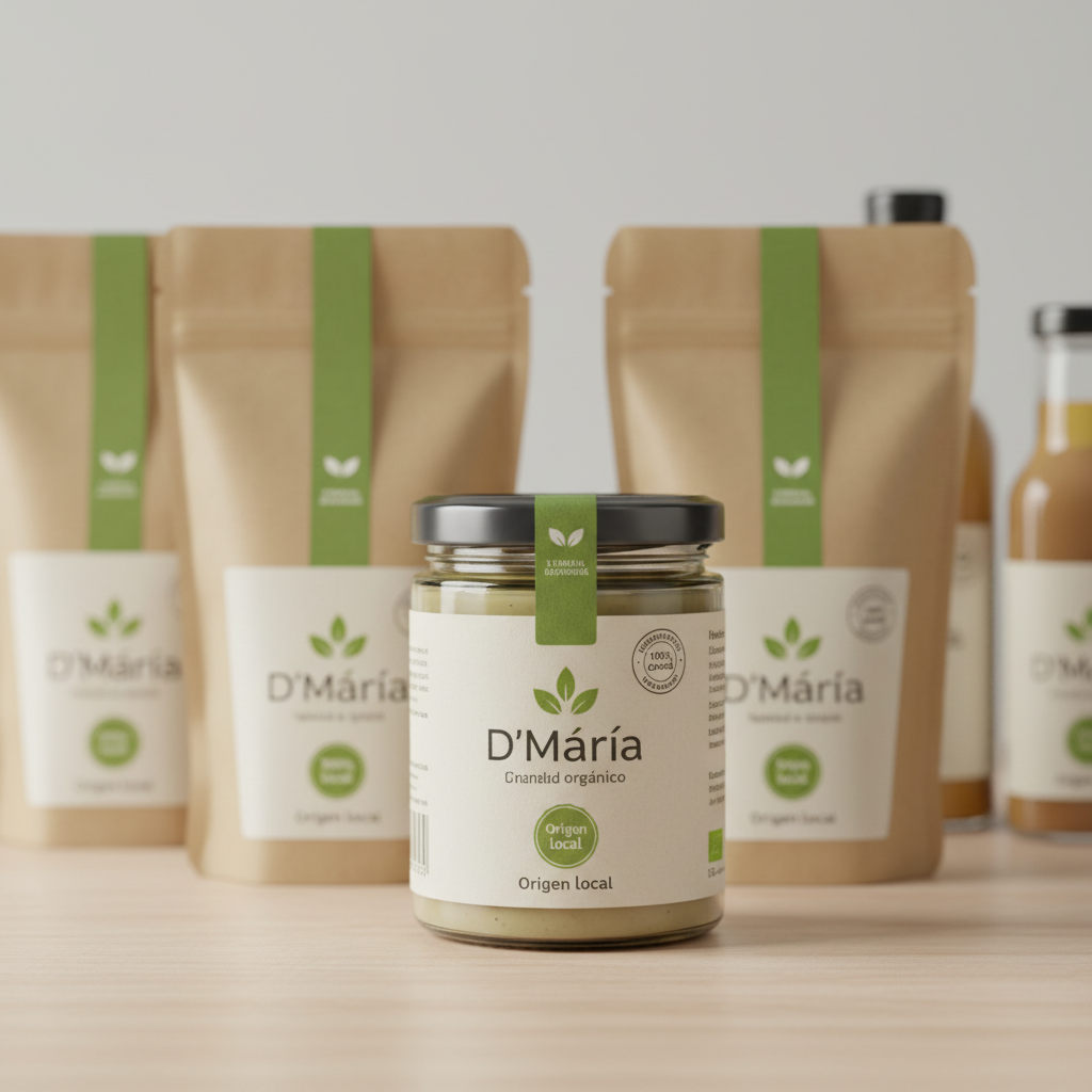 Un close-up de etiquetas de productos orgánicos de “D´María” adheridas a envases de vidrio y bolsas kraft: diseños limpios en tonos verdes y tierra, con tipografía moderna y clara, pequeños iconos de hoja y sellos que indican “100% orgánico” y “Origen local”. Los envases están alineados sobre una superficie de madera clara, con el enfoque dirigido a una etiqueta central perfectamente nítida mientras el resto se desvanece en un desenfoque suave. Luz de estudio tenue y uniforme, proveniente frontalmente, resalta la textura del papel y la impresión mate. La composición sigue la regla de tercios, con estilo fotográfico y profesional, ideal para destacar la identidad visual y la seriedad de la marca en un sitio web de tienda saludable.