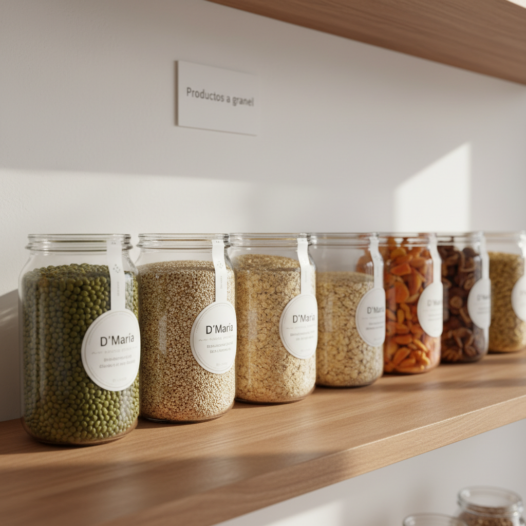 Una vista fotográfica de productos orgánicos secos exhibidos en frascos de vidrio alineados sobre un estante de madera en “D´María”: lentejas verdes, garbanzos, quinua, avena y frutos secos de colores cálidos, cada uno etiquetado con un diseño claro y moderno. El fondo muestra una pared blanca lisa con un pequeño letrero discreto que indica “Productos a granel”. Luz natural difusa entra desde arriba y un lado, creando reflejos suaves sobre el vidrio y sombras alargadas y delicadas sobre la madera. Toma a nivel de estante, con algunos frascos en primer plano ligeramente más nítidos y el resto cayendo en un desenfoque gradual. Estilo fotográfico, ordenado y profesional, comunicando transparencia, calidad y sostenibilidad.