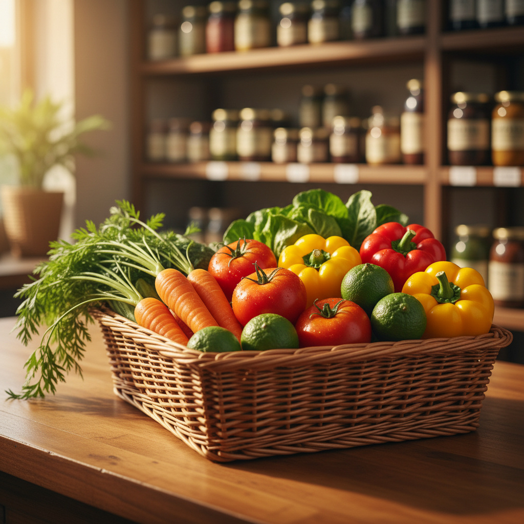 Un primer plano de una canasta de mimbre rectangular llena de vegetales orgánicos recién cosechados: zanahorias con hojas verdes, tomates rojos brillantes, pimientos amarillos, hojas de lechuga crujientes y limones verdes peruanos. La canasta reposa sobre un mostrador de madera pulida en una tienda orgánica. Detrás, se insinúan estantes de productos naturales desenfocados. Luz dorada de tarde entra desde un lateral, resaltando la textura de las cáscaras y las gotas de agua fresca sobre los vegetales, creando sombras suaves. La toma es ligeramente elevada, con enfoque nítido en la canasta y bokeh cálido al fondo. El estilo es de realismo fotográfico, transmitiendo frescura, calidad y una atmósfera saludable y profesional.