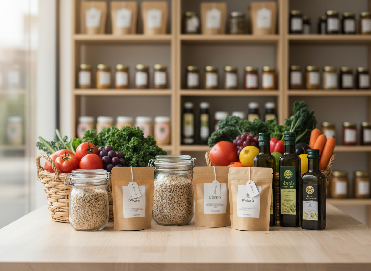 Una cuidada selección de productos orgánicos exhibidos sobre una mesa de madera clara: frascos de vidrio con granos integrales, botellas de aceite de oliva extra virgen, bolsas kraft con etiquetas minimalistas que dicen “D´María”, y canastas de mimbre llenas de frutas y verduras frescas de colores intensos. El fondo muestra estanterías de madera ordenadas con más productos saludables, ligeramente desenfocadas. Luz natural suave de mañana entra por un gran ventanal lateral, creando reflejos delicados en el vidrio y sombras tenues sobre la mesa. Composición fotográfica a nivel de mesa, regla de tercios, con profundidad de campo media. El ambiente es limpio, profesional y acogedor, con realismo fotográfico y estética orgánica y moderna, ideal para la portada de una tienda saludable en Chaclacayo, Lima.