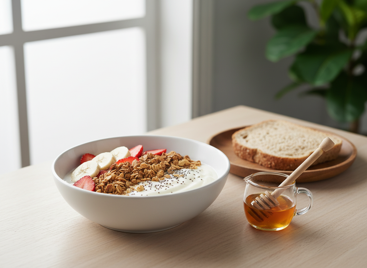 Un bodegón de desayuno saludable orgánico: un bol de cerámica blanca mate lleno de yogur natural cubierto con granola integral, rodajas de plátano, fresas y semillas de chía, acompañado de una jarra pequeña de miel orgánica y una rebanada de pan integral rústico sobre un plato de madera. Todo situado en una mesa de madera clara junto a una ventana, con una planta en maceta desenfocada al fondo. Luz de mañana suave entra lateralmente, creando brillos delicados en la miel y sombras sutiles bajo los elementos. La cámara se coloca ligeramente elevada, con profundidad de campo media, enfatizando la textura de cada alimento. El estilo es de realismo fotográfico, limpio y profesional, transmitiendo bienestar y alimentación consciente.