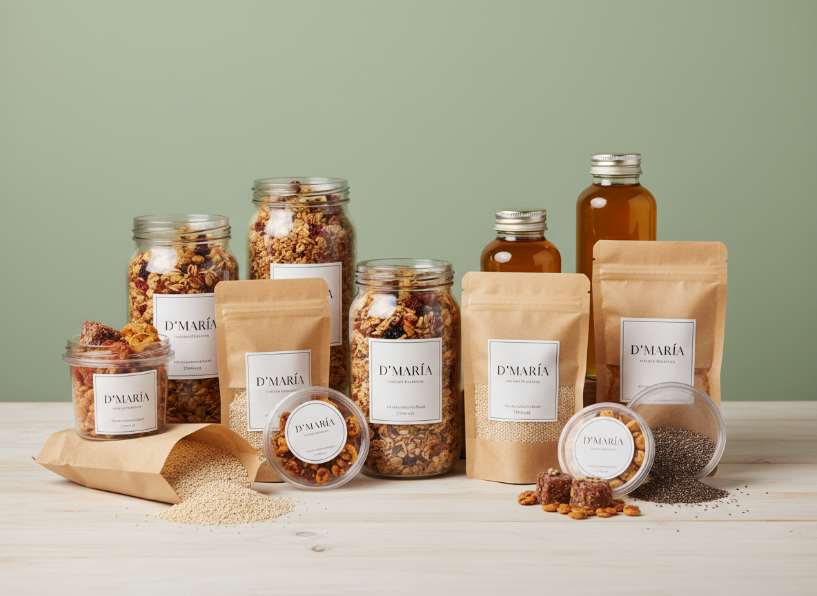 Un conjunto cuidado de productos estrella de “D´María”: frascos transparentes con granola artesanal, miel ámbar en botellas de vidrio con tapa metálica, bolsas kraft con superfoods como quinua y chía, y pequeños envases de snacks saludables. Todos dispuestos sobre una superficie de madera clara frente a un fondo neutro verde salvia suave. Cada etiqueta presenta un diseño minimalista con tipografía elegante y el nombre de la tienda. Luz de estudio suave y uniforme desde el frente y ligeramente desde arriba, creando sombras casi imperceptibles y resaltando los colores naturales de los alimentos. La composición es centrada, con estilo de bodegón profesional y realismo fotográfico, ideal para una sección de catálogo online de productos orgánicos y saludables.