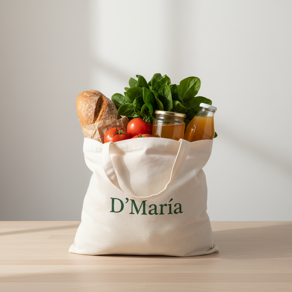 Una bolsa reutilizable de tela color crudo con el logo sencillo de “D´María” impreso en verde oscuro, rebosando de productos orgánicos: pan integral envuelto en papel, un manojo de espinacas, tomates, un frasco de miel y una botella de jugo natural. La bolsa reposa sobre una mesa de madera clara frente a un fondo liso color blanco roto. Luz suave de estudio llega desde un lado, creando sombras definidas pero suaves y resaltando las texturas de la tela, el papel y las cáscaras de las frutas y verduras. La toma es a nivel de mesa, con composición limpia y centrada, estilo fotográfico minimalista y profesional, ideal para ilustrar servicios de compra responsable y ecológica.