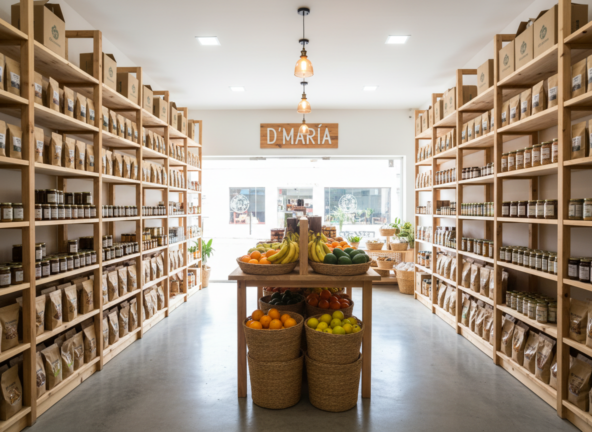 Un interior ordenado de tienda saludable llamada “D´María”, sin personas, con estanterías altas de madera clara llenas de productos orgánicos en envases de vidrio, papel kraft y cajas reciclables cuidadosamente alineadas. En el centro, una isla de exhibición con canastas de frutas locales como naranjas, plátanos y palta. El piso de cemento pulido y las paredes blancas dan sensación de limpieza y modernidad. Luz natural difusa entra por ventanales frontales, complementada por lámparas colgantes cálidas que crean un ambiente acogedor. La cámara se sitúa a nivel de los ojos, mostrando la profundidad del local con foco nítido en toda la escena. El estilo es fotográfico, limpio y profesional, subrayando la identidad de una tienda orgánica en Chaclacayo, Lima.